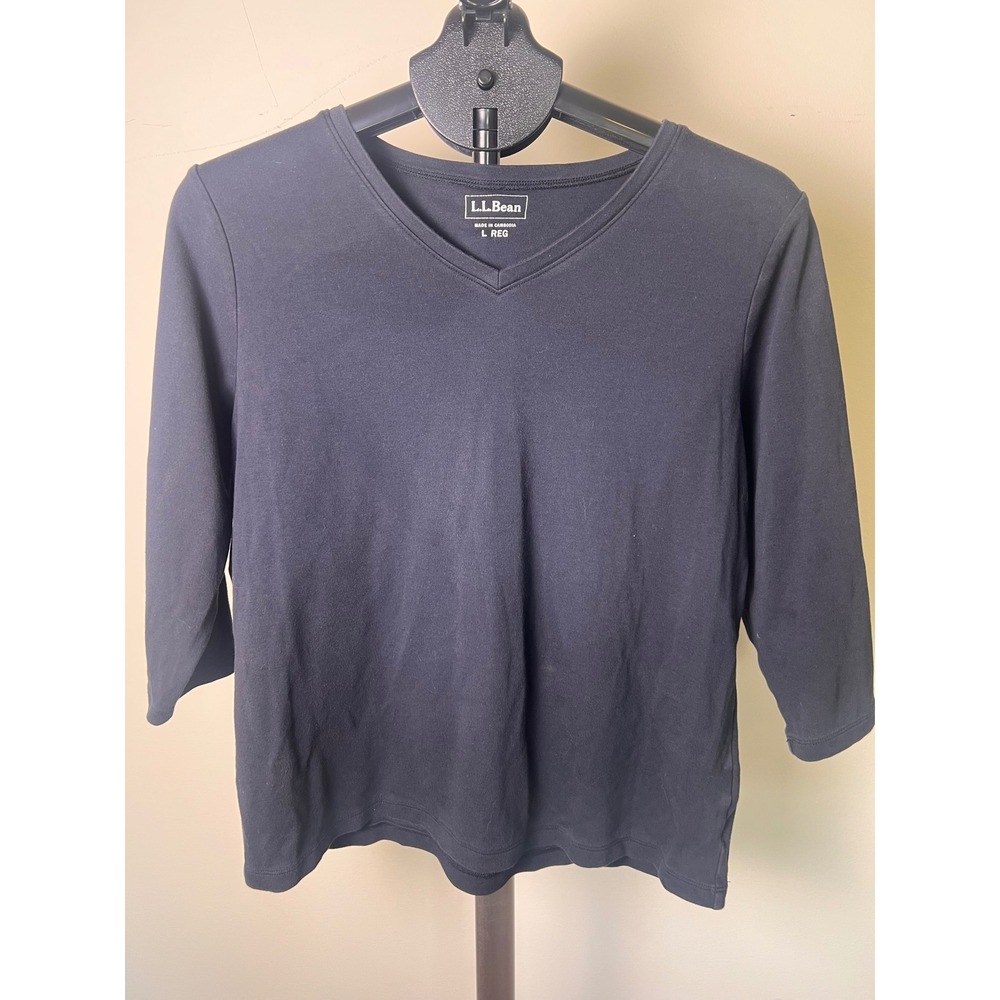 L.L. Bean V-Neck Tee Women Large Black Good 3/4 Sleeve Cotton Casual Basic Top